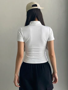 DAZY 青少年女孩素色領口拉鍊短袖夾克，修身基本款上衣，休閒秋季外套 - 白色 - 查看 2