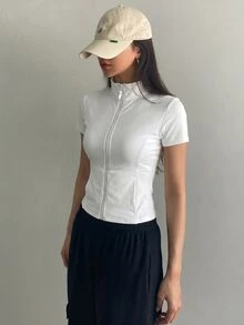 DAZY 青少年女孩素色領口拉鍊短袖夾克，修身基本款上衣，休閒秋季外套 - 白色 - 查看 7