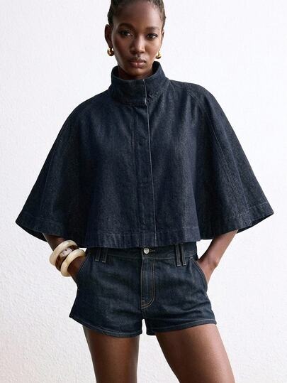 ATUI Studio Women's Poncho Denim Jacket – Oversized Cape Jean Coat, Casual Layering Essential For Autumn, Daily Travel Everyday Work Navy Blue