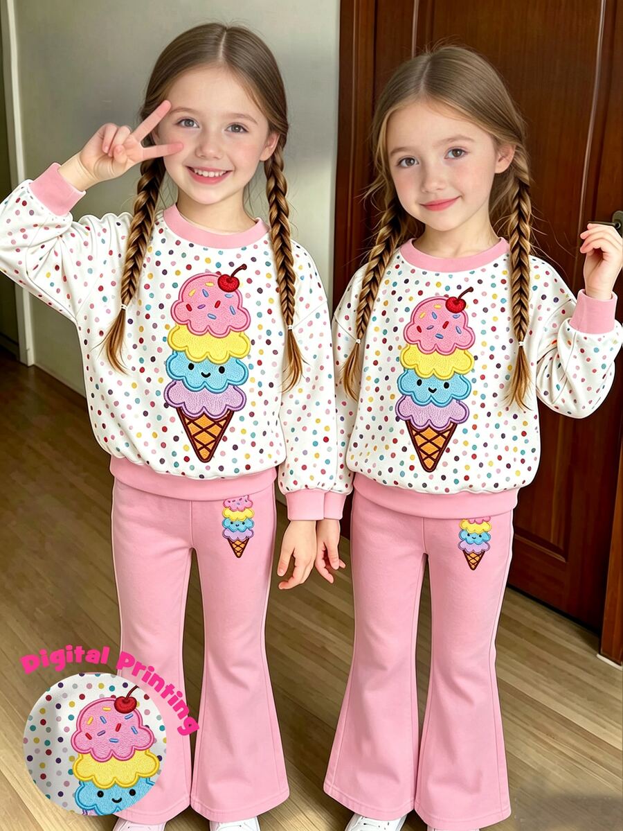 Minimalist Colorful Polka Dot Pattern Sweatshirt And Pants Set, Suitable For Little Girls To Wear In Autumn And Winter, Comfortable Minimalist Casual Daily Style - Multicolor - View 1
