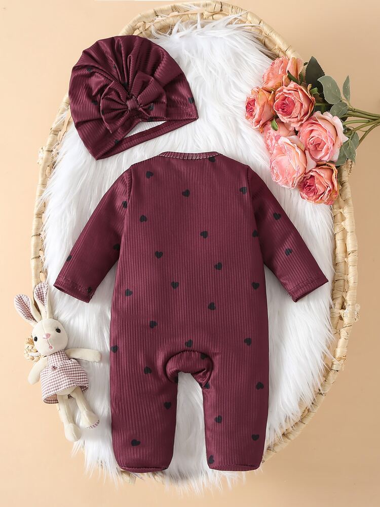 SHEIN Infant Newborn Red Heart Print Romper With Hat 2 Pieces Set, Baby Frill Trim Footed Crawler Bodysuit, Suitable For All Seasons, Perfect For Parties, Full Moon Party, Photo Shoots, Weddings, Dates And Other Holiday Occasions - Burgundy - View 2