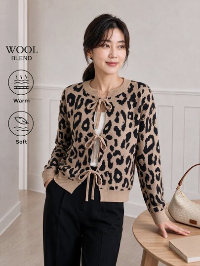 SHEIN LUNE Autumn/Winter Casual Round Neck Leopard Print Tie-Front Cardigan