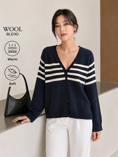 Yumoku Autumn/Winter Casual Blue & White Striped Cardigan