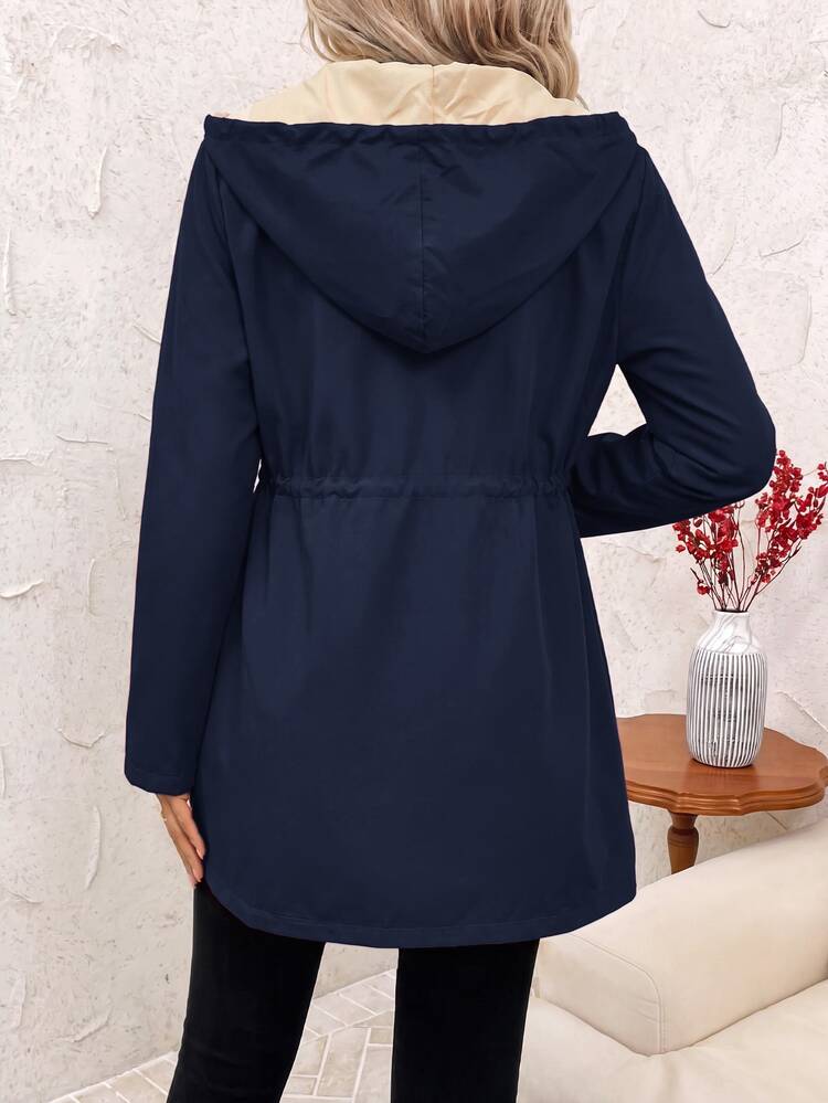 SHEIN Clasi Chaqueta de manga larga de unicolor con capucha, casual y versátil para uso diario para mujer - Azul Marino - Añade 2