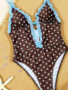 Bonvoyette Women's Brown Polka Dot Deep V Spaghetti Strap One-Piece Swimsuit,70s Retro Ruffled Mesh Edge Bead Trim Bikini For Summer Holiday And Pool Party - Multicolor - View 4