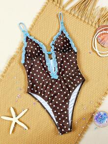 Bonvoyette Women's Brown Polka Dot Deep V Spaghetti Strap One-Piece Swimsuit,70s Retro Ruffled Mesh Edge Bead Trim Bikini For Summer Holiday And Pool Party - Multicolor - View 5