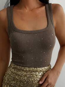 DAZY Rhinestone Decor U-Neck Sleeveless Snug Fit Camisole Top For Teen Girls Summer - Brown - View 2