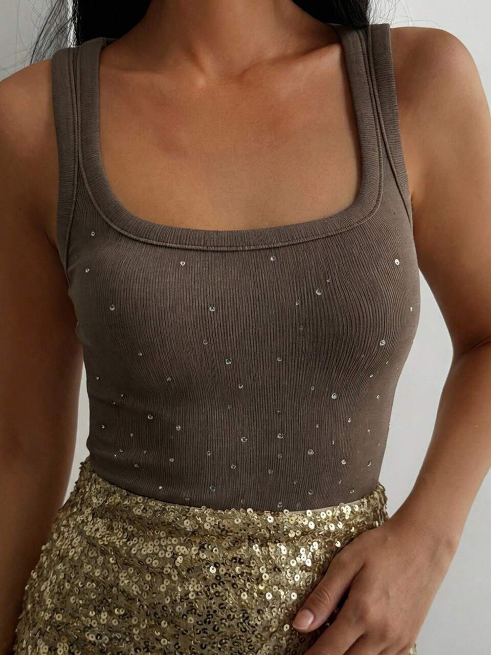 Rhinestone Decor U-Neck Sleeveless Snug Fit Camisole Top For Teen Girls Summer