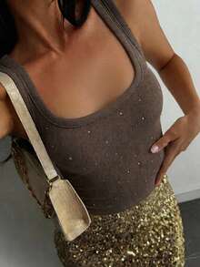 DAZY Rhinestone Decor U-Neck Sleeveless Snug Fit Camisole Top For Teen Girls Summer - Brown - View 3