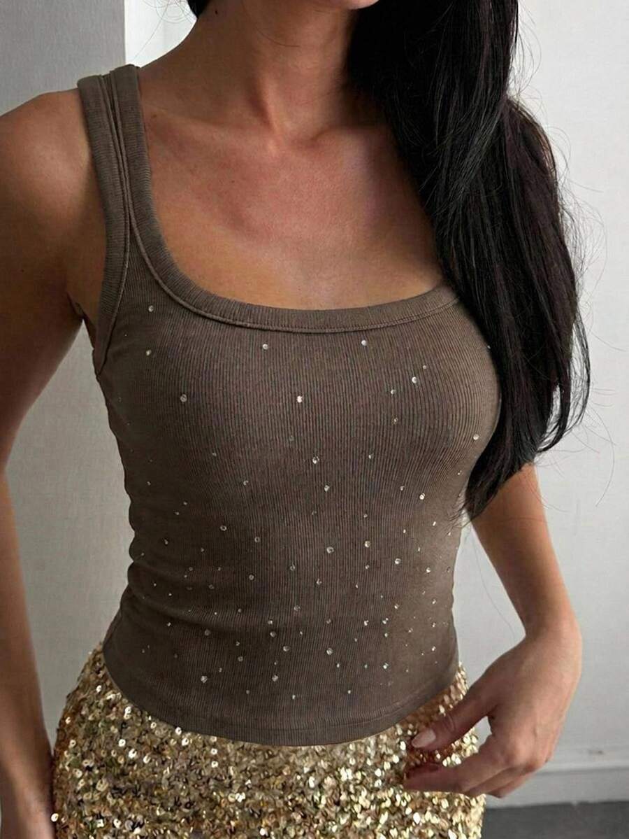DAZY Rhinestone Decor U-Neck Sleeveless Snug Fit Camisole Top For Teen Girls Summer - Brown - View 1