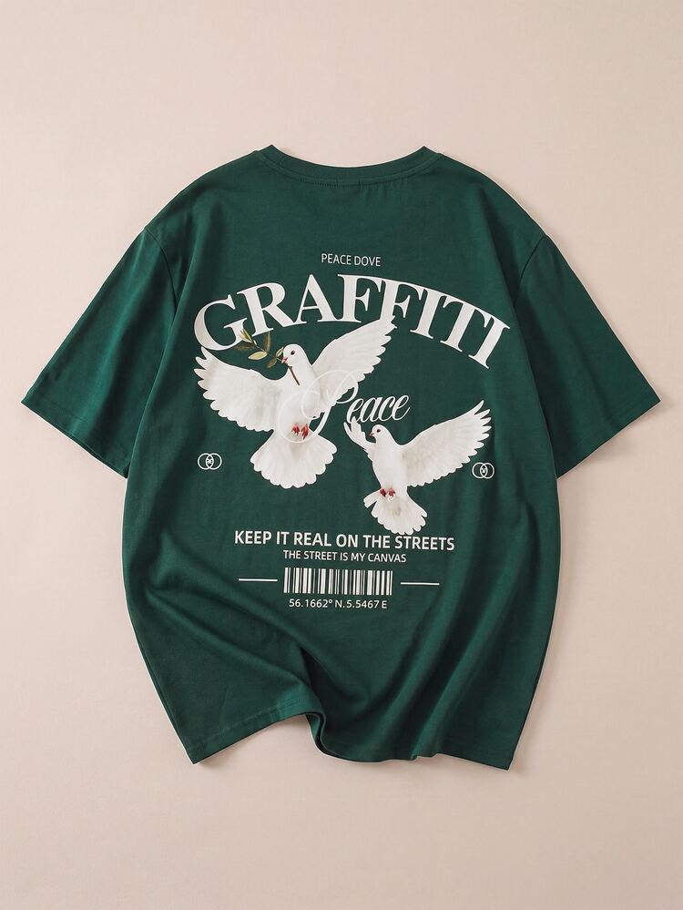 FROVYX Men's Olive Green Letter & Pigeon Print Slim Fit Round Neck Short Sleeve T-Shirt - Dark Green - View 1