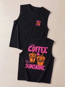 Daypath Men's Casual Coffee Letter Print Loose Fit Tank Top, Suitable For Beach, Vacation - Black - View 1