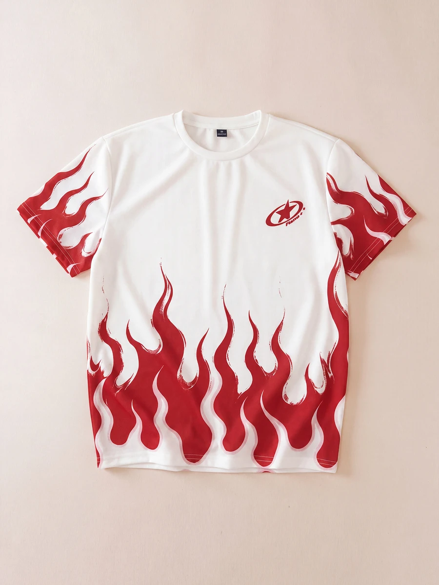 FROVYX Men's Summer Casual Flame Print T-Shirt - Red and White - View 1