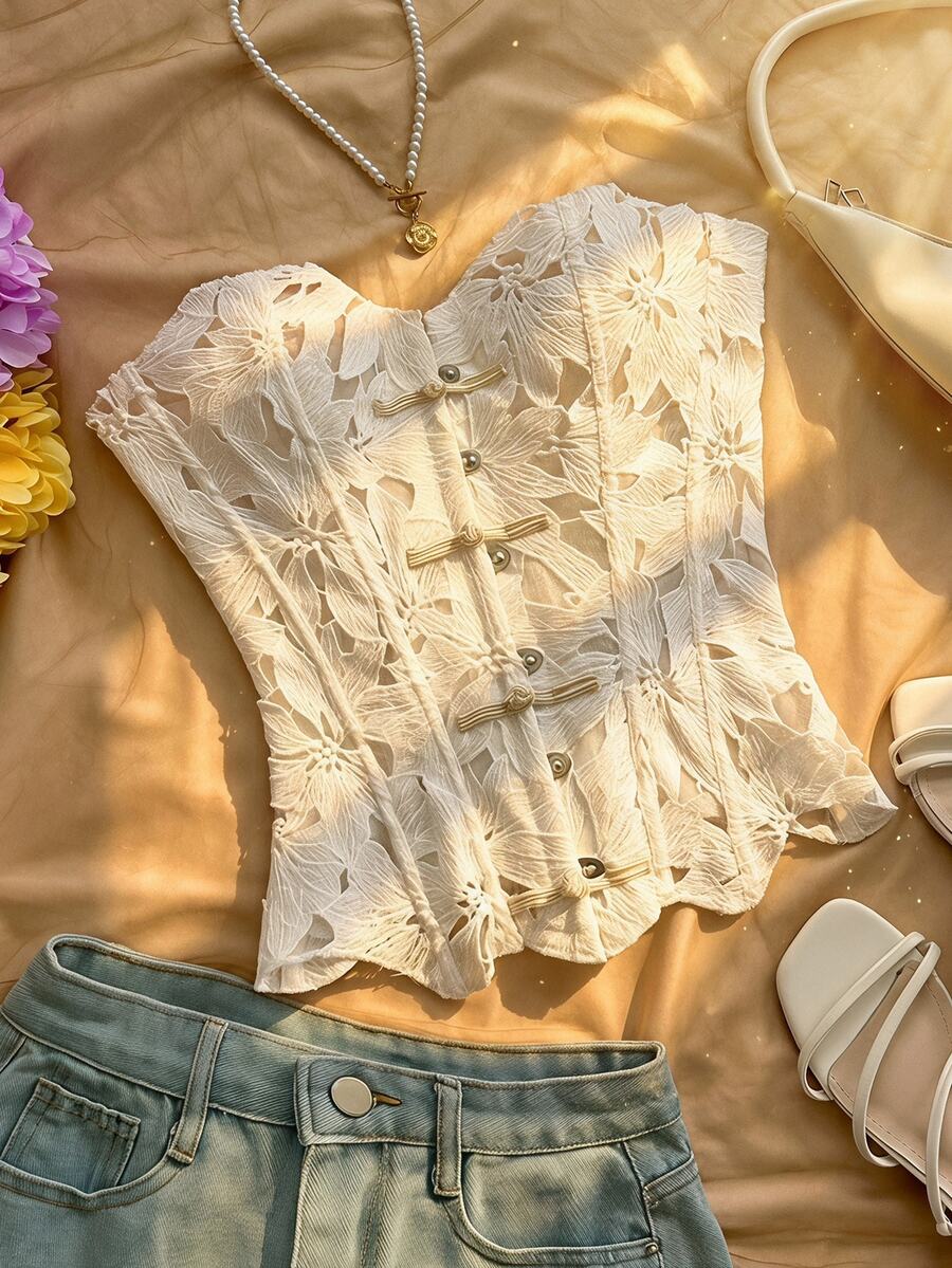 Soleia Women's Vintage Palace Style Colorful Floral Jacquard Print Bandeau Top With Button Front And Back Tie No Chest Padding - White - View 1