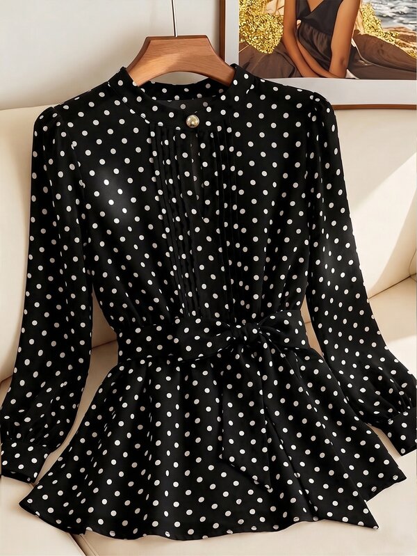 Formidée Design White Polka Dot Lace-Up Waist-Cinching Chiffon Blouse Women's Spring New Stylish Top Plus Size Shirt Fall