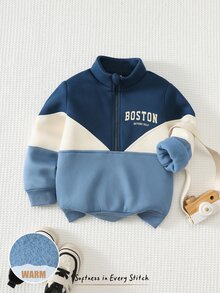 Cozy Pixies 兒童小男孩拼色拼接針織軟綿圓領長袖半拉鍊套頭衛衣，秋冬穿著，百搭舒適 - 藍色 - 查看 8