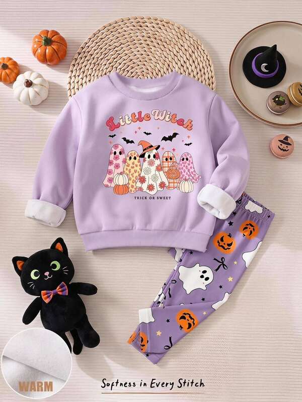 Baby Girl Halloween Print Thermal Lined Sweatshirt & Leggings