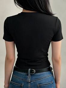 DAZY 1pc Women's Solid Color Round Neck Fitted Short Sleeve Base T-Shirt - Black - View 6