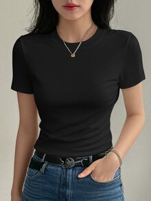 DAZY 1pc Women's Solid Color Round Neck Fitted Short Sleeve Base T-Shirt - Black - View 2