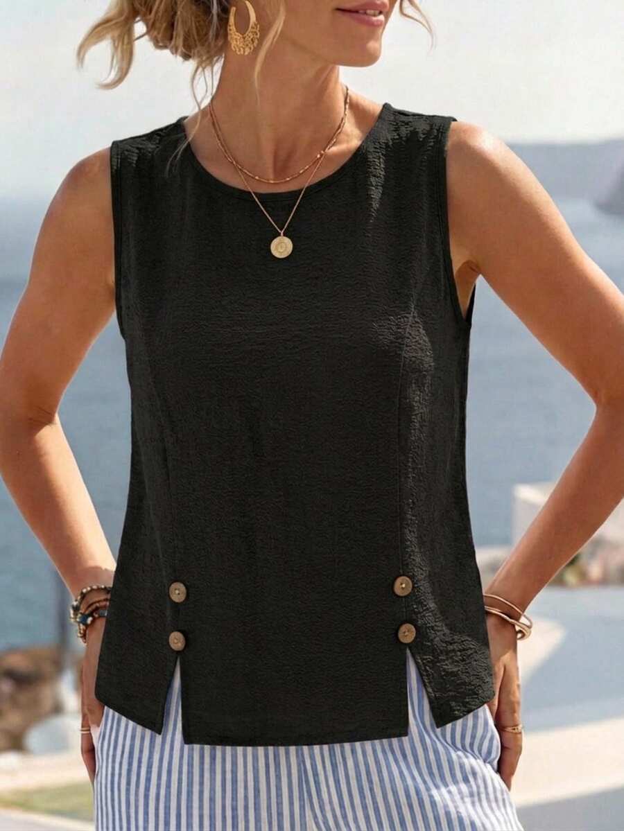 EMERY ROSE قميص نسائي بلون موحد كاجوال متعدد الاستخدامات للاستخدام اليومي أساسيات متعددة الاستخدامات - الأسود - مشاهدة 1
