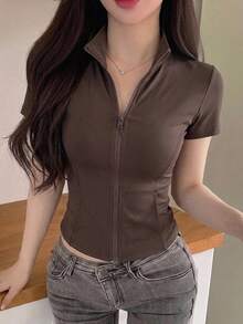 DAZY Teen GirlFitted Basic Top, Casual Short Sleeve Jacket, Autumn - Brown - View 3