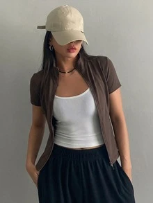 DAZY Teen GirlFitted Basic Top, Casual Short Sleeve Jacket, Autumn - Brown - View 2