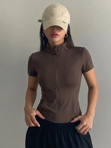 DAZY Teen GirlFitted Basic Top, Casual Short Sleeve Jacket, Autumn - Brown - View 7