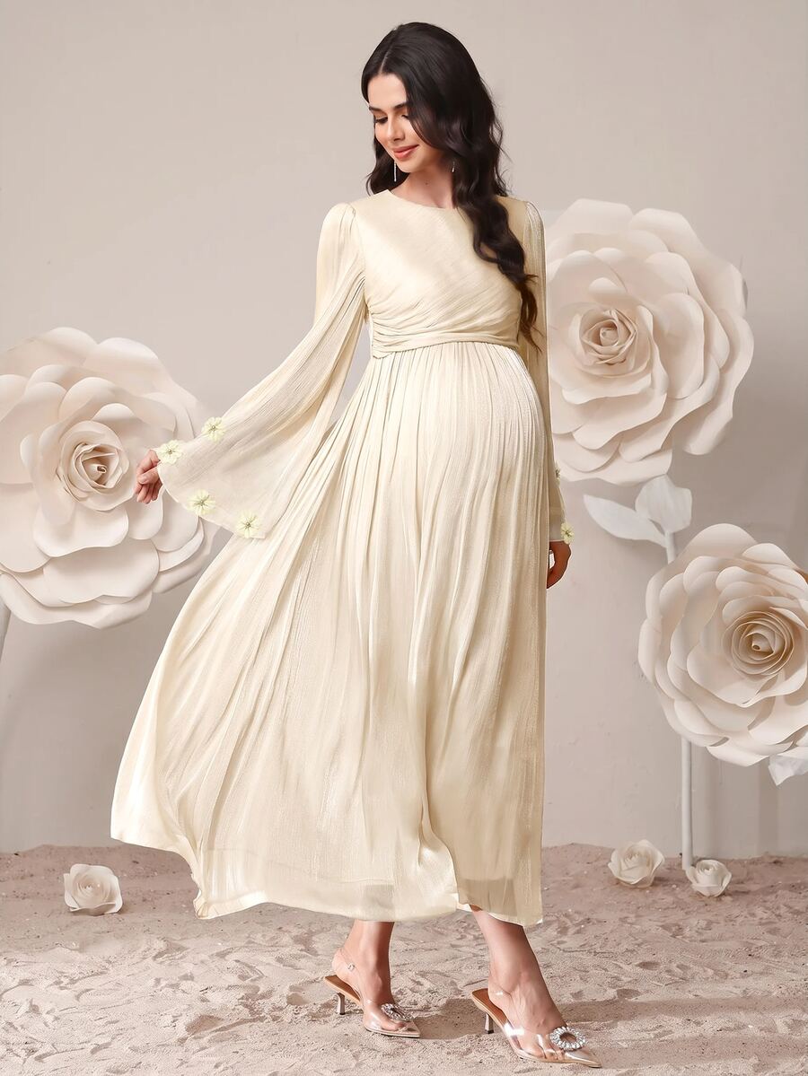 SHEIN 優雅孕婦洋裝,附3D花卉裝飾與百褶設計 - 杏色 - 查看 1