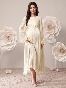 SHEIN 優雅孕婦洋裝，附3D花卉裝飾與百褶設計 - 杏色 - 查看 5
