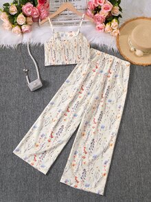 SHEIN 少女度假波西米亚风图腾花卉吊带背心上衣+宽松直筒裤梭织背心套装 - 彩色 - 查看 4