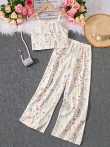 SHEIN 少女度假波西米亚风图腾花卉吊带背心上衣+宽松直筒裤梭织背心套装 - 彩色 - 查看 3