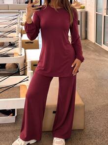 SHEIN Sports 2 Pcs Sports Set Women Long Sleeve Cuffed Tunic Wide Leg Pants Tracksuit Gym Travel - Burgundy - View 6