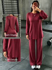 SHEIN Sports 2 Pcs Sports Set Women Long Sleeve Cuffed Tunic Wide Leg Pants Tracksuit Gym Travel - Burgundy - View 4