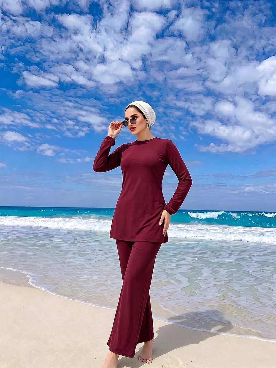 SHEIN Sports 2 Pcs Sports Set Women Long Sleeve Cuffed Tunic Wide Leg Pants Tracksuit Gym Travel