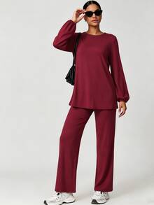 SHEIN Sports 2 Pcs Sports Set Women Long Sleeve Cuffed Tunic Wide Leg Pants Tracksuit Gym Travel - Burgundy - View 8