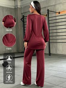 SHEIN Sports 2 Pcs Sports Set Women Long Sleeve Cuffed Tunic Wide Leg Pants Tracksuit Gym Travel - Burgundy - View 3