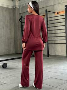 SHEIN Sports 2 Pcs Sports Set Women Long Sleeve Cuffed Tunic Wide Leg Pants Tracksuit Gym Travel - Burgundy - View 5