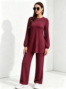 SHEIN Sports 2 Pcs Sports Set Women Long Sleeve Cuffed Tunic Wide Leg Pants Tracksuit Gym Travel - Burgundy - View 9