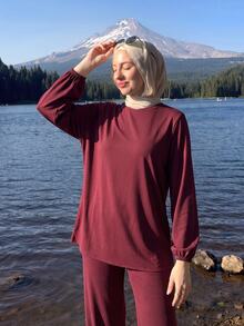 SHEIN Sports 2 Pcs Sports Set Women Long Sleeve Cuffed Tunic Wide Leg Pants Tracksuit Gym Travel - Burgundy - View 7