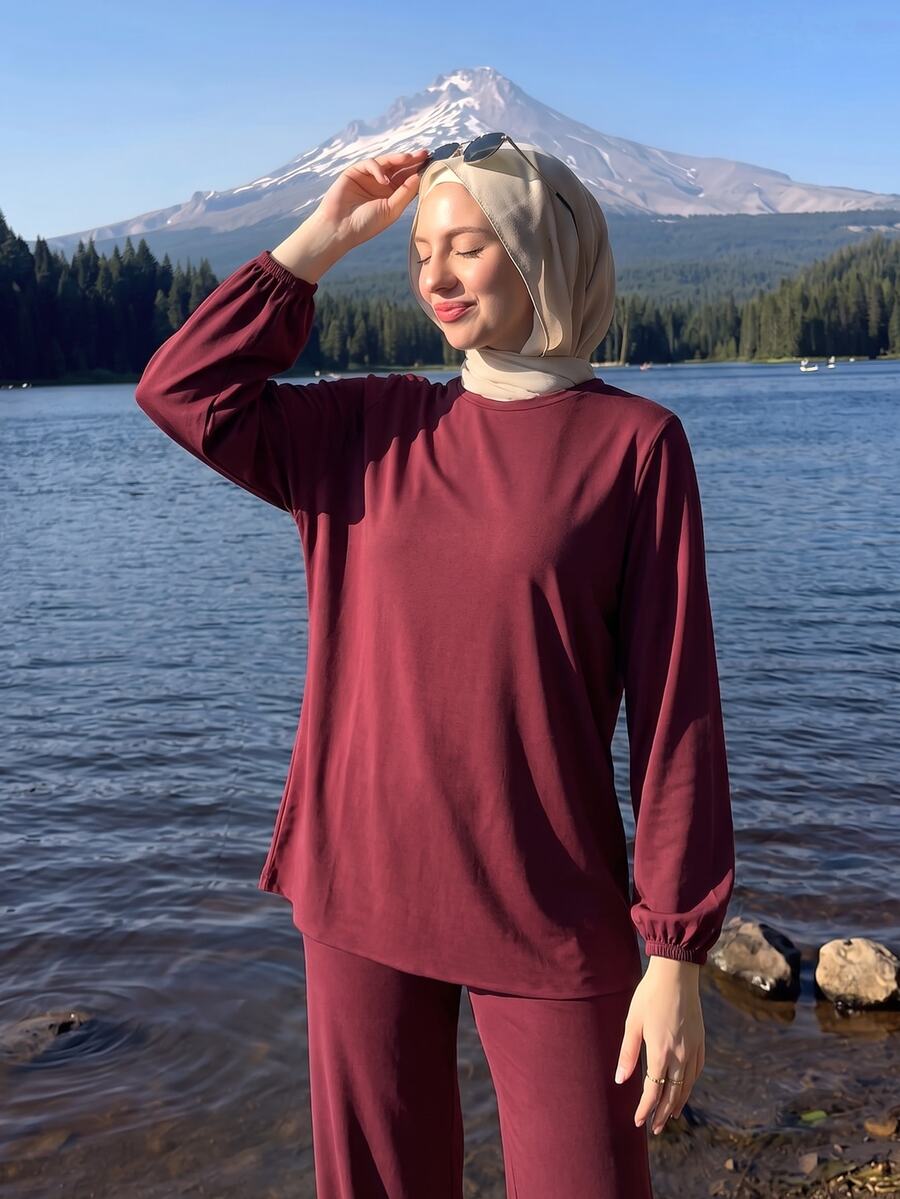 Swim Mulvari 2 Pcs Sports Set Women Long Sleeve Cuffed Tunic Wide Leg Pants Tracksuit Gym Travel
