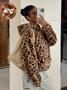SHEIN 青少年女孩秋季休閒豹紋抓絨連帽長袖寬鬆中長版套頭衛衣，日常街頭戶外保暖運動衫 - 彩色 - 查看 1