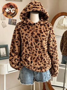 SHEIN 青少年女孩秋季休閒豹紋抓絨連帽長袖寬鬆中長版套頭衛衣，日常街頭戶外保暖運動衫 - 彩色 - 查看 5