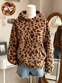 SHEIN 青少年女孩秋季休閒豹紋抓絨連帽長袖寬鬆中長版套頭衛衣，日常街頭戶外保暖運動衫 - 彩色 - 查看 4
