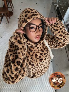 SHEIN 青少年女孩秋季休閒豹紋抓絨連帽長袖寬鬆中長版套頭衛衣，日常街頭戶外保暖運動衫 - 彩色 - 查看 6