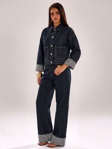 SHEIN BAE 女款格紋拼接牛仔夾克長褲套裝 深藍色 秋冬休閒日常外出通勤女裝 牛仔女裝 - 深色水洗藍 - 查看 6