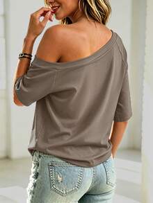 Balvessa White Asymmetrical Shoulder Casual Versatile Women's Short Sleeve T-Shirt - Mocha Brown - View 2