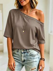 Balvessa White Asymmetrical Shoulder Casual Versatile Women's Short Sleeve T-Shirt - Mocha Brown - View 3
