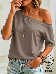 Balvessa White Asymmetrical Shoulder Casual Versatile Women's Short Sleeve T-Shirt - Mocha Brown - View 1
