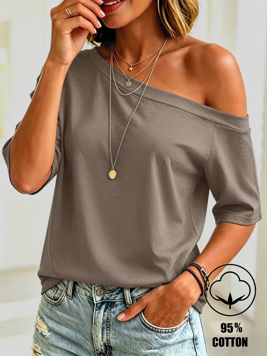 Balvessa White Asymmetrical Shoulder Casual Versatile Women's Short Sleeve T-Shirt - Mocha Brown - View 1
