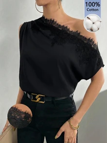 Firerie 女款黑色夏季優雅早午餐不對稱領口抓皺緞面露肩上衣，蕾絲飾邊領口斜肩上衣，日常通勤上班穿搭 - 黑色 - 查看 9